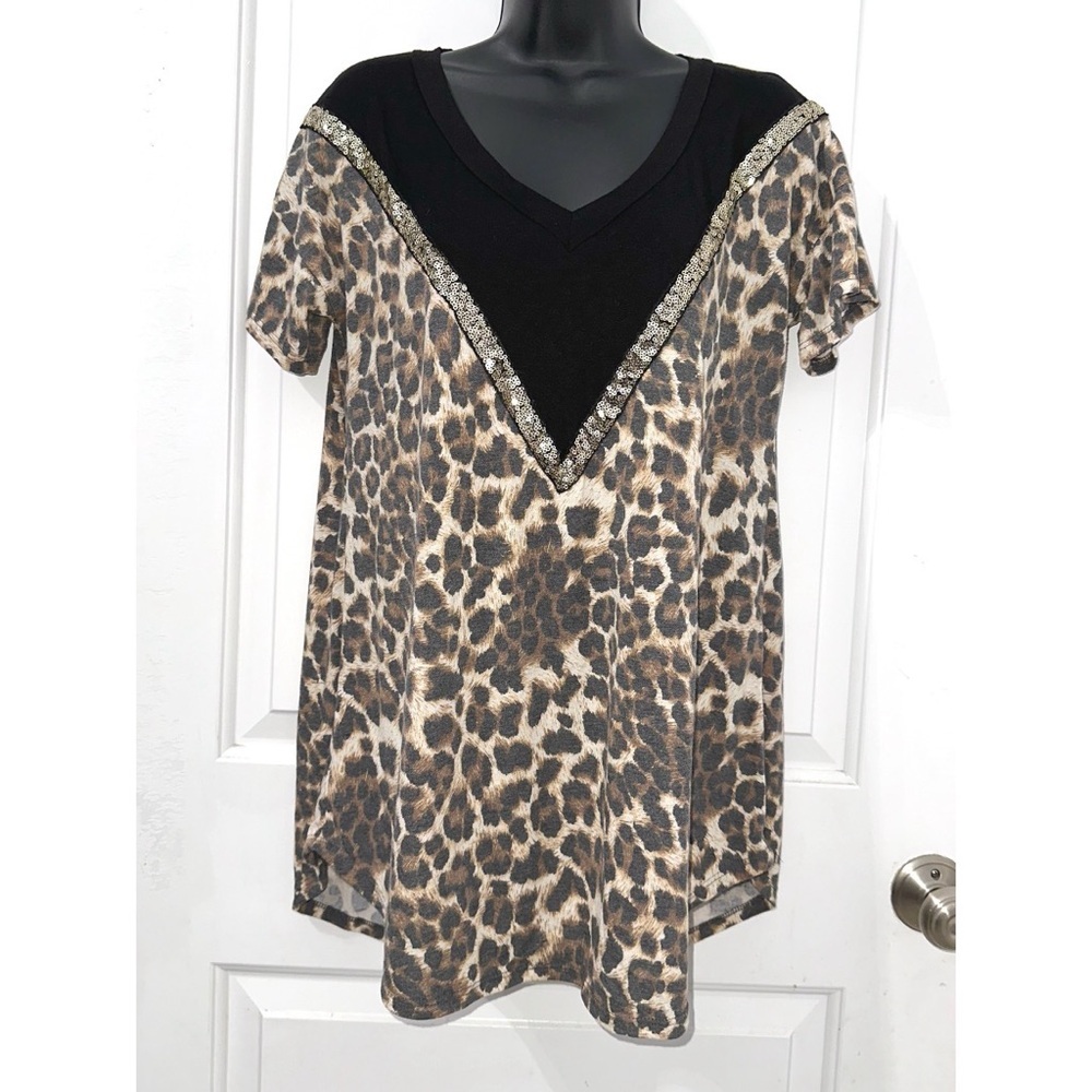 Heimish USA Black & leopard print with gold sequins tee